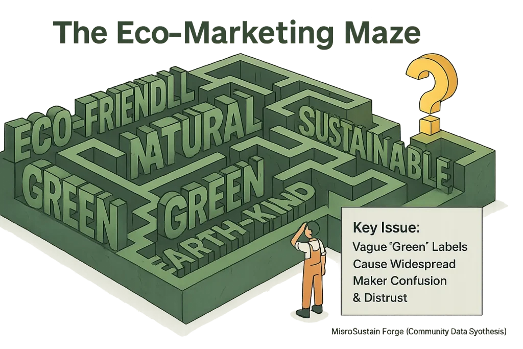Infographic: Confused maker in a maze of green marketing buzzwords like 'eco-friendly', ending at '?', showing label