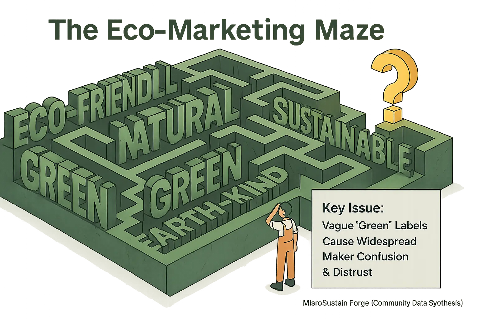 Infographic: Confused maker in a maze of green marketing buzzwords like 'eco-friendly', ending at '?', showing label