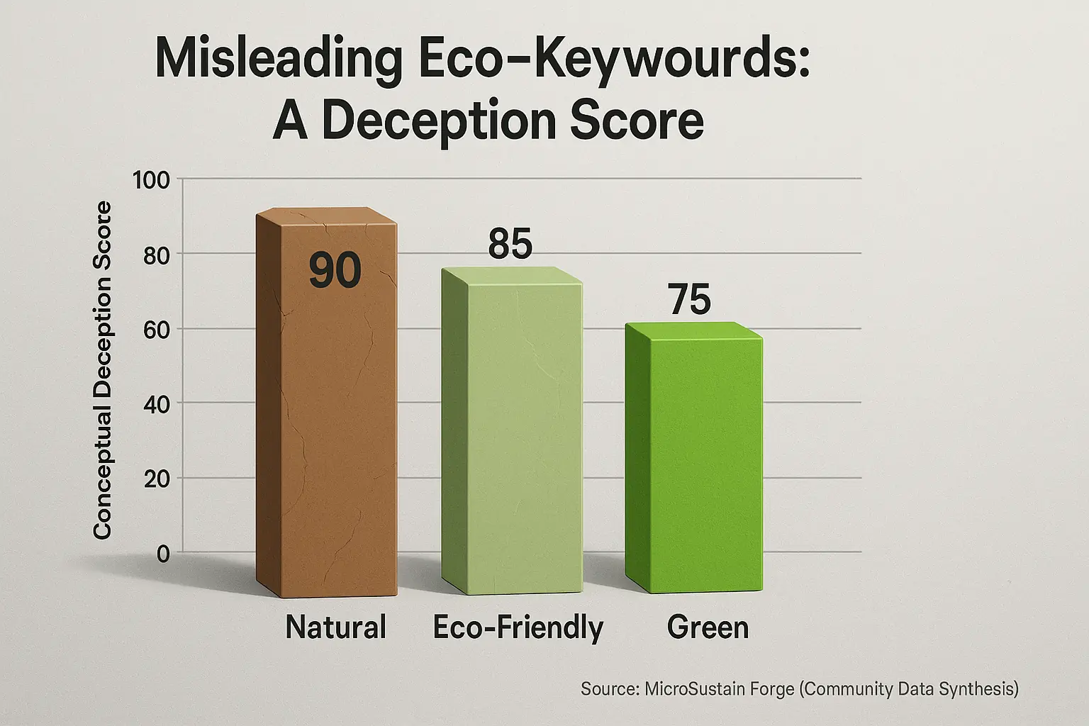 Bar chart ranking top 3 misleading eco-keywords from UGC analysis ('Eco-Friendly', 'Natural', 'Green') by deception score.