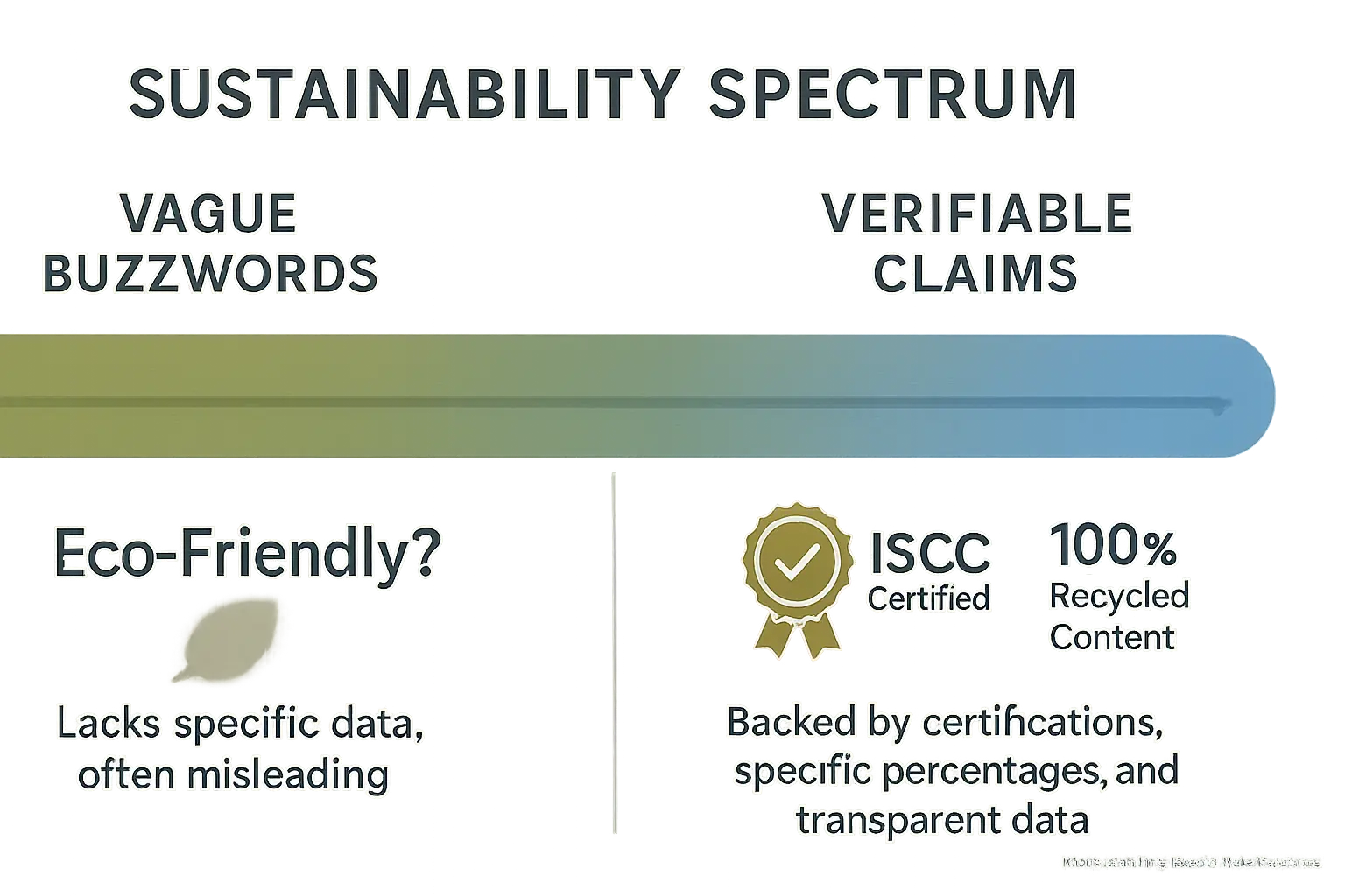 Sustainability truth meter spectrum: Vague buzzwords to verifiable claims (certifications, LCA data), helping makers discern.