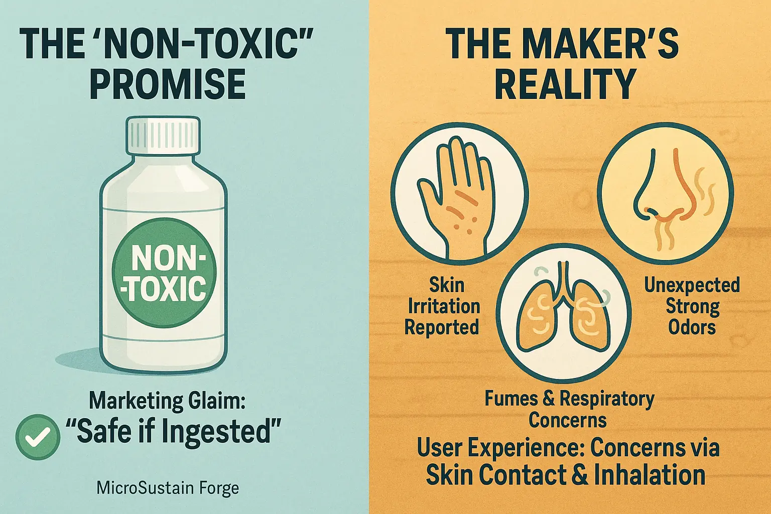 Infographic: 'Non-toxic' claims far from user-reported irritation/fumes, showing the promise vs. reality gap.