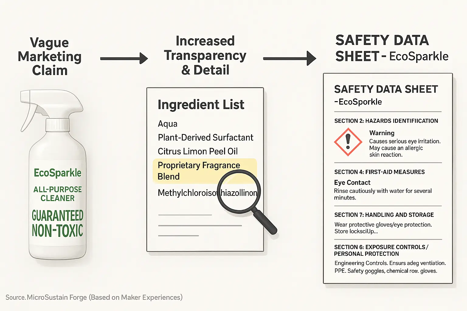 Infographic: Vague label claim to ingredient list to detailed SDS, showing increasing safety detail & key sections.