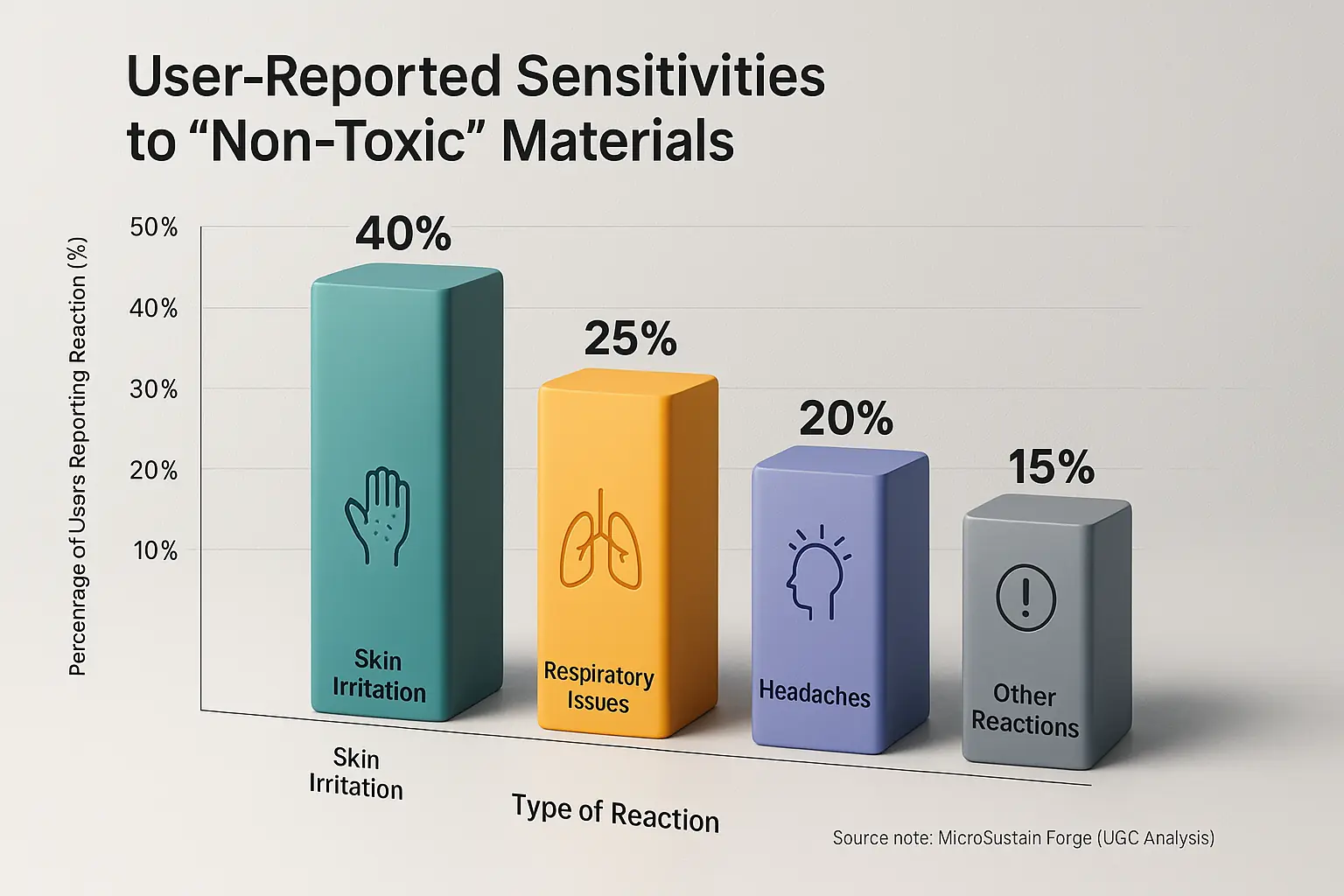 Bar chart: 'Non-toxic' materials cause reactions. Shows % for skin irritation, respiratory issues, headaches.