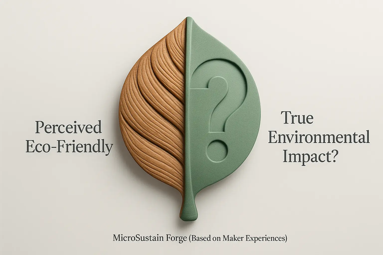 Wood-textured 3D print juxtaposed with an eco-impact query, questioning organic filament benefits.