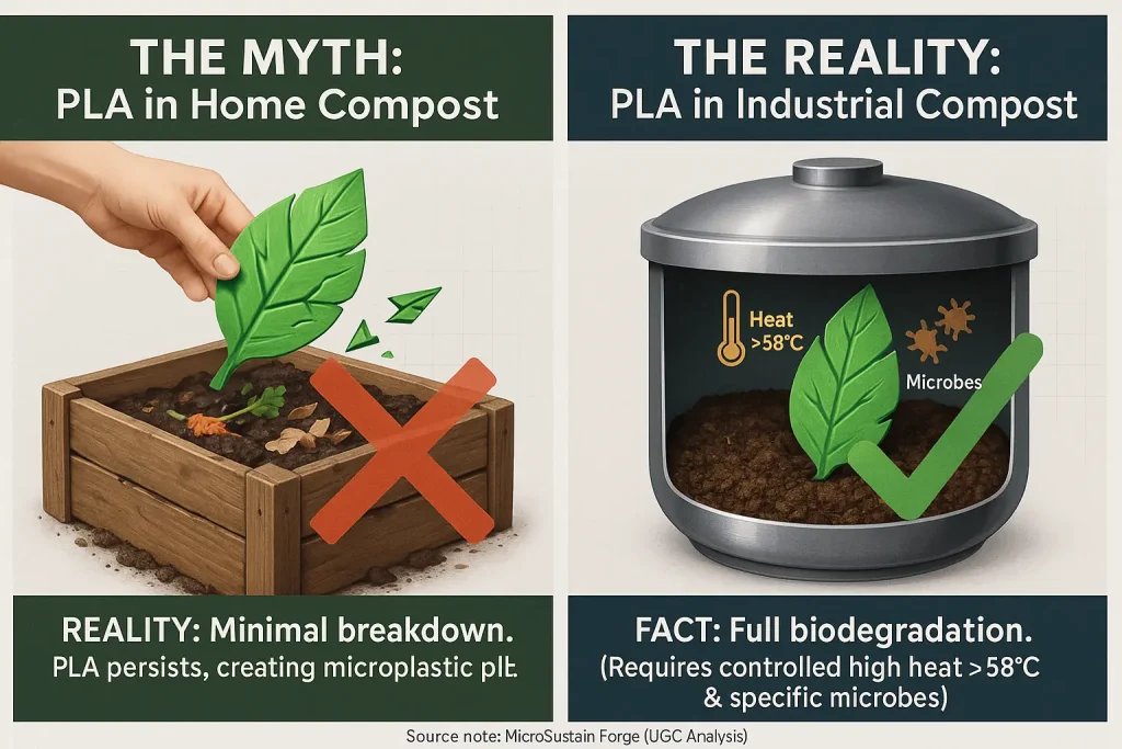 Infographic: PLA 'compostable' claim vs. reality. Home compost: leaf to plastic. Industrial: full breakdown. Clarifies