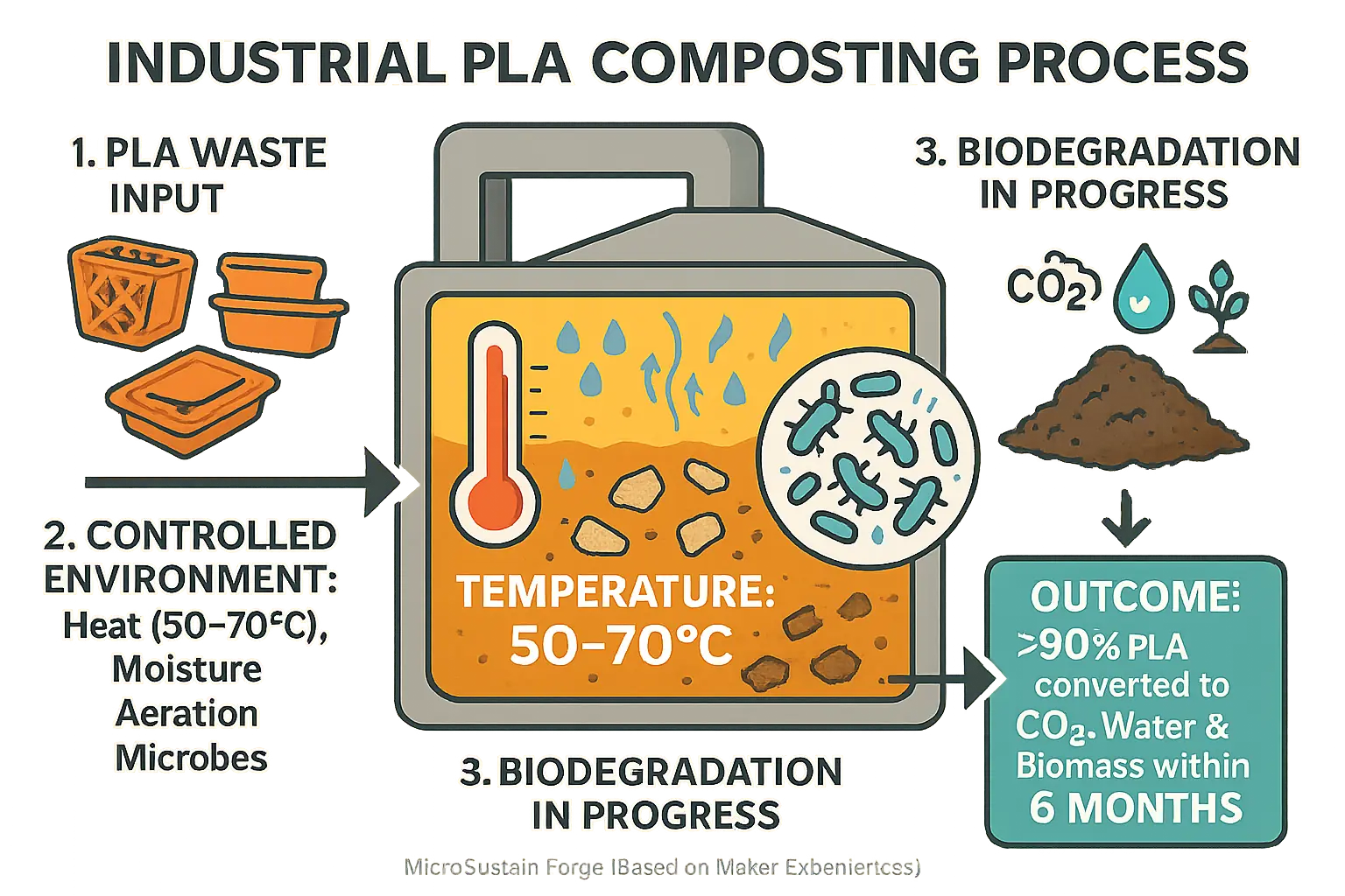 Infographic: Industrial composting steps for bioplastics (PLA) ensuring breakdown via controlled heat, moisture, and