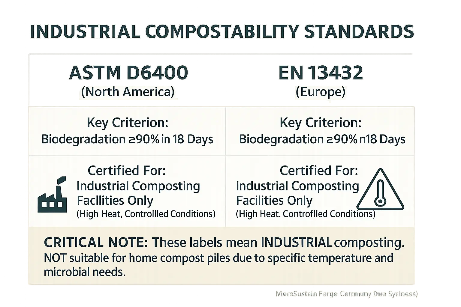 Chart: ASTM D6400 vs EN 13432 industrial compost standards. Compares criteria (temp, time, disintegration) & home compost.