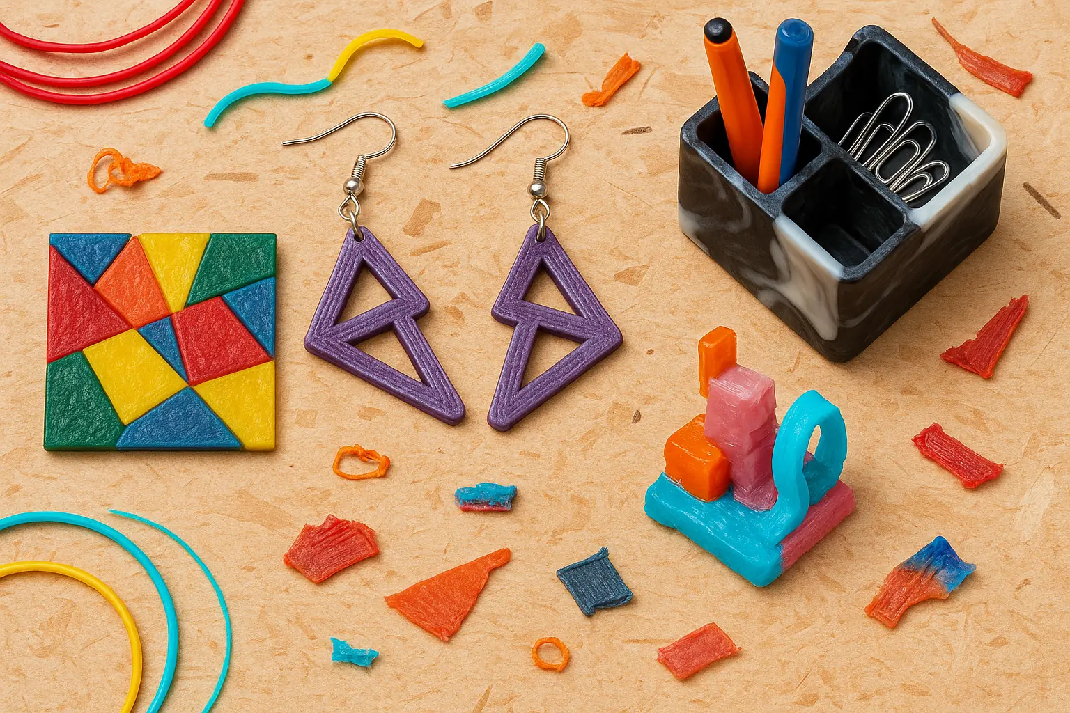 Collage: Failed PLA 3D prints creatively upcycled into jewelry, organizers, and mosaics, showcasing reuse alternatives.