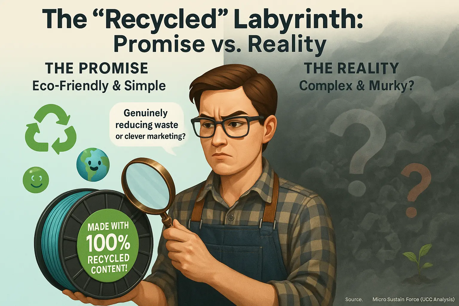Maker skeptically eyes &#x27;recycled&#x27; label; fog obscures true environmental impact, highlighting gap between claims &amp; reality.
