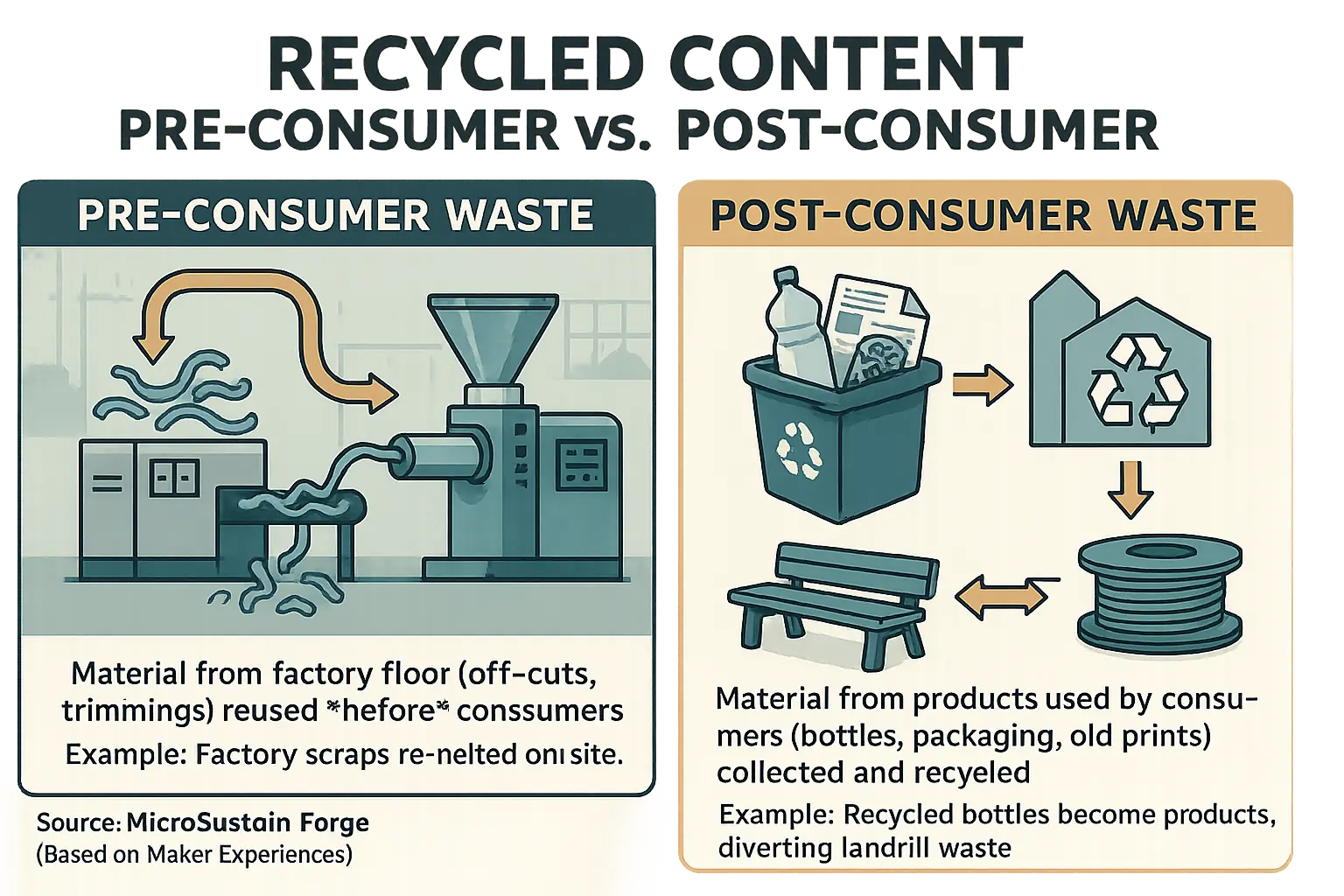 Infographic defining pre-consumer waste (factory to production) vs. post-consumer waste (homes to new products) streams.