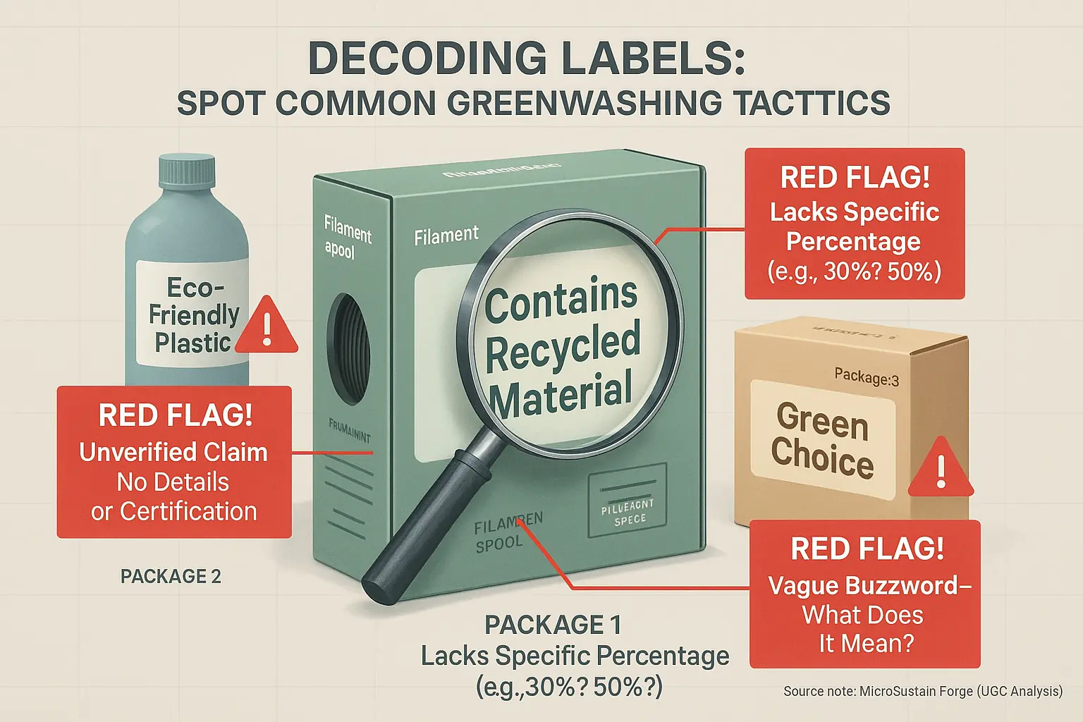 Infographic: Magnifying glass on vague recycling labels (e.g., &#x27;Eco-Friendly Plastic&#x27;), red flags for spotting misleading