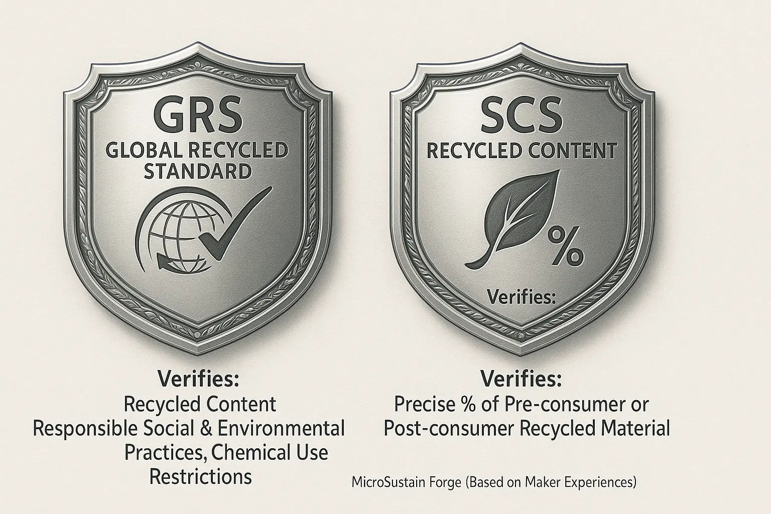 Infographic: Key recycled content certification logos (GRS, SCS) as seals, explaining guarantees for credible verification.