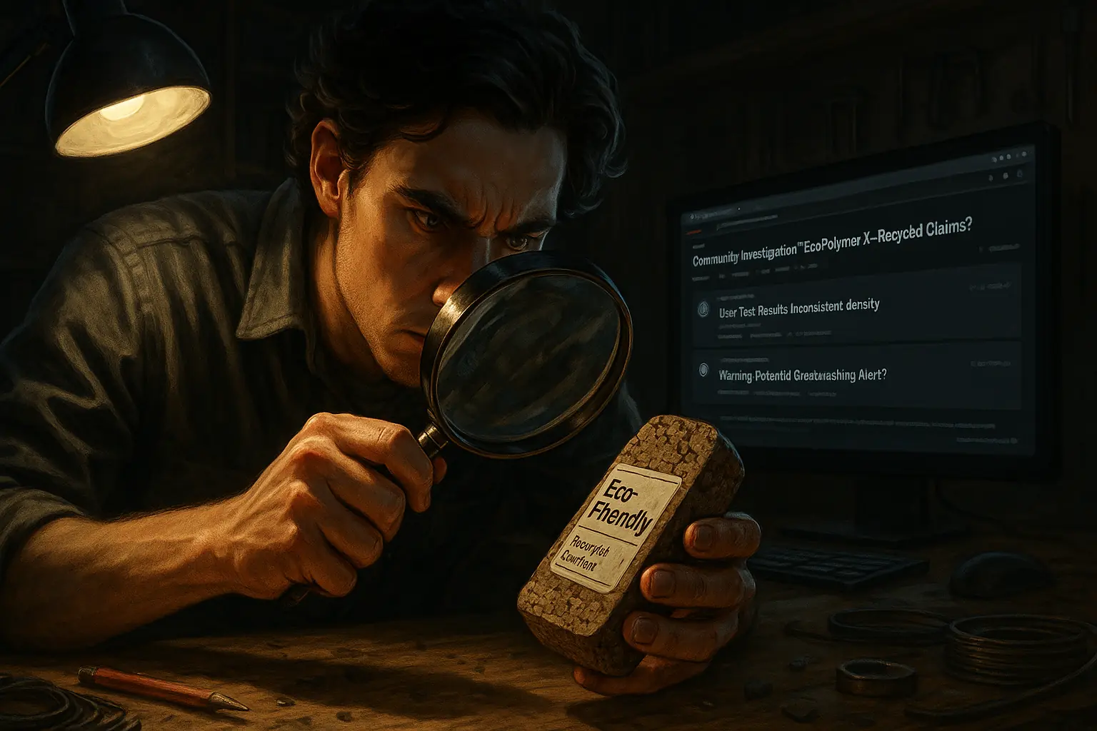 Determined maker uses magnifying glass on product, computer shows forum research, illustrating community-led verification.