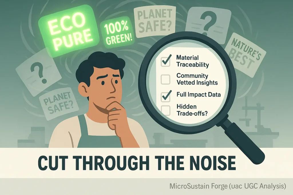 Maker confused by glowing green and questionable eco-labels; magnifying glass on checklist 'Cut Through the Noise'.