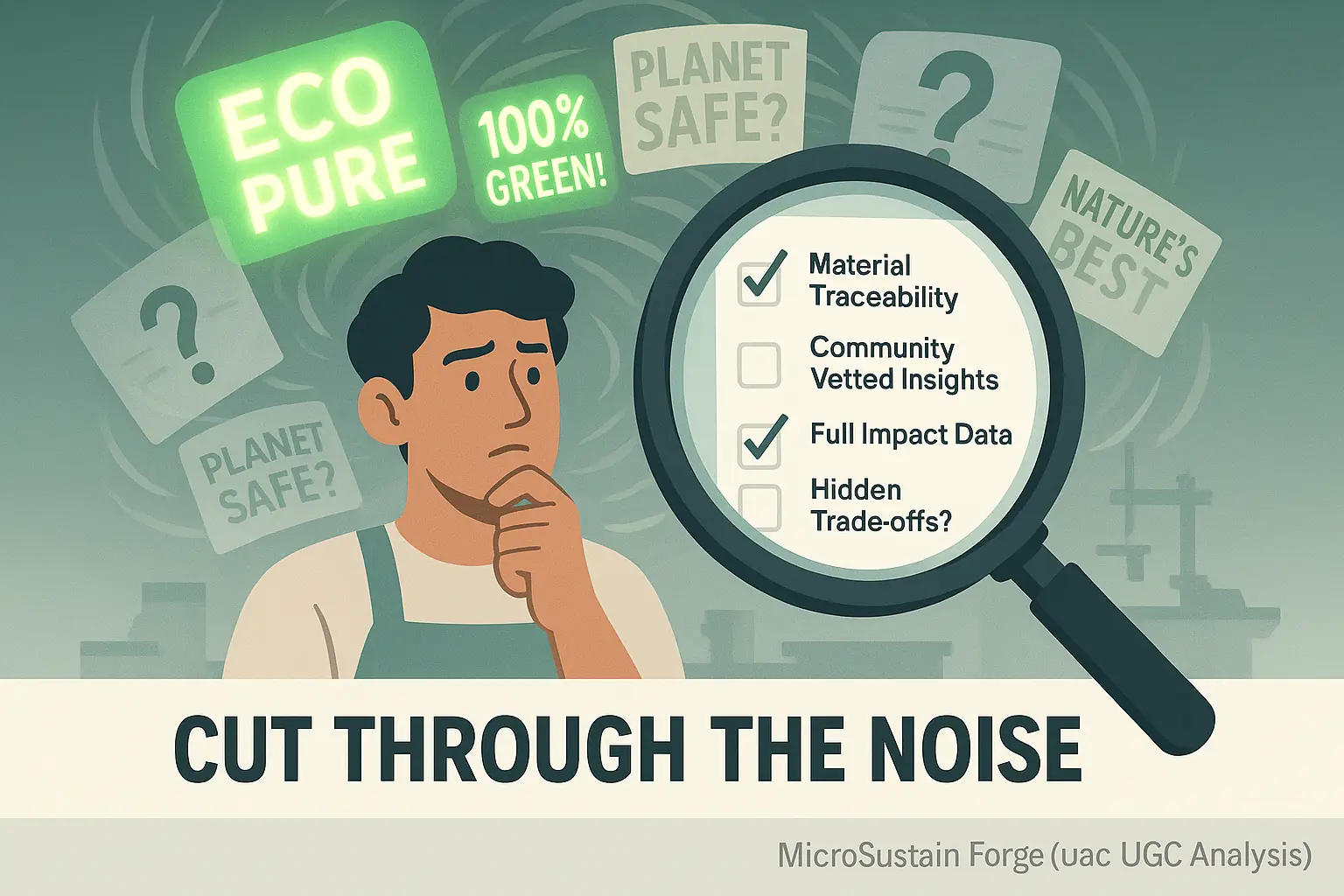 Maker confused by glowing green and questionable eco-labels; magnifying glass on checklist 'Cut Through the Noise'.