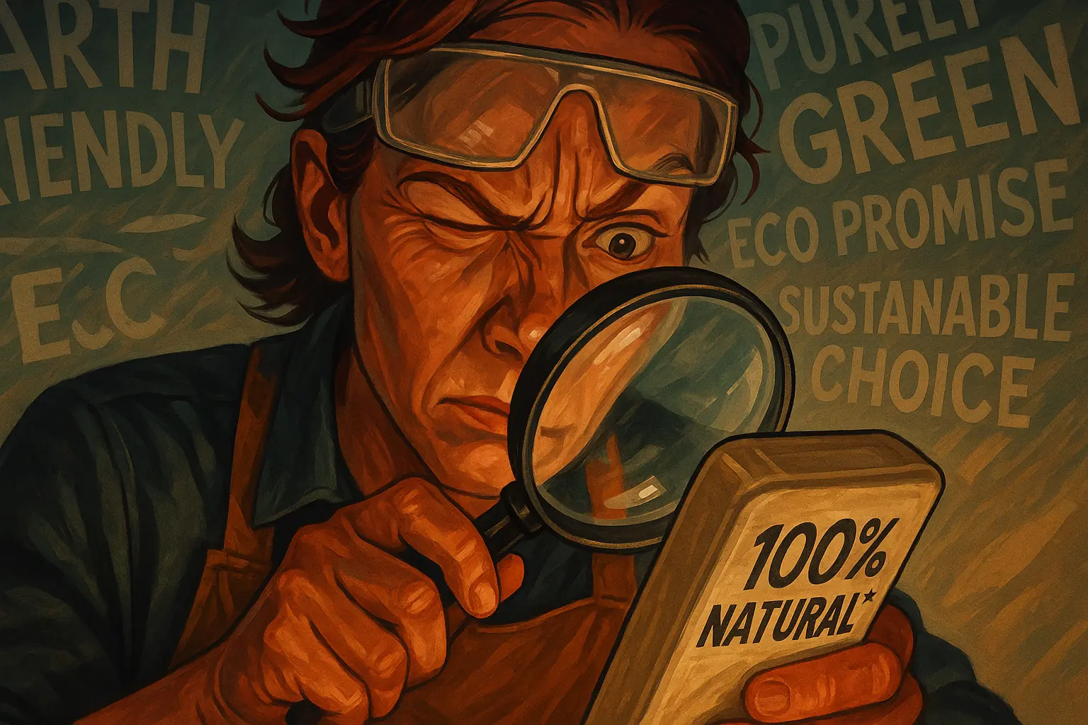 Greenwashing detective: Maker with goggles, magnifier, skeptically scrutinizes label amidst blurred eco buzzwords.