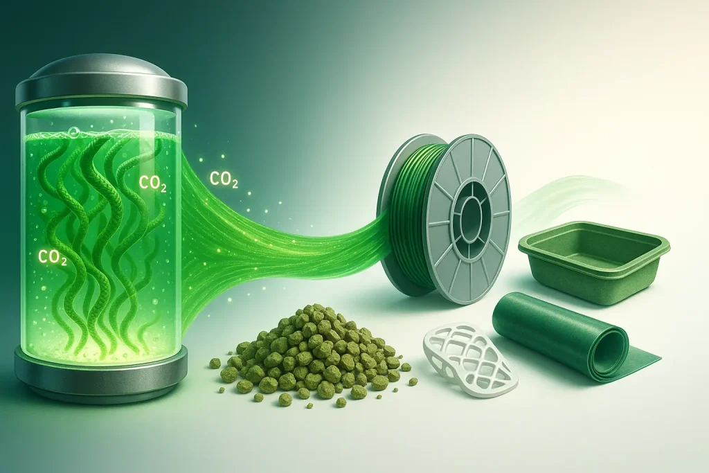 Algae in bioreactor transforming into bioplastic filament spools & molded objects, for sustainable algae bioplastics.