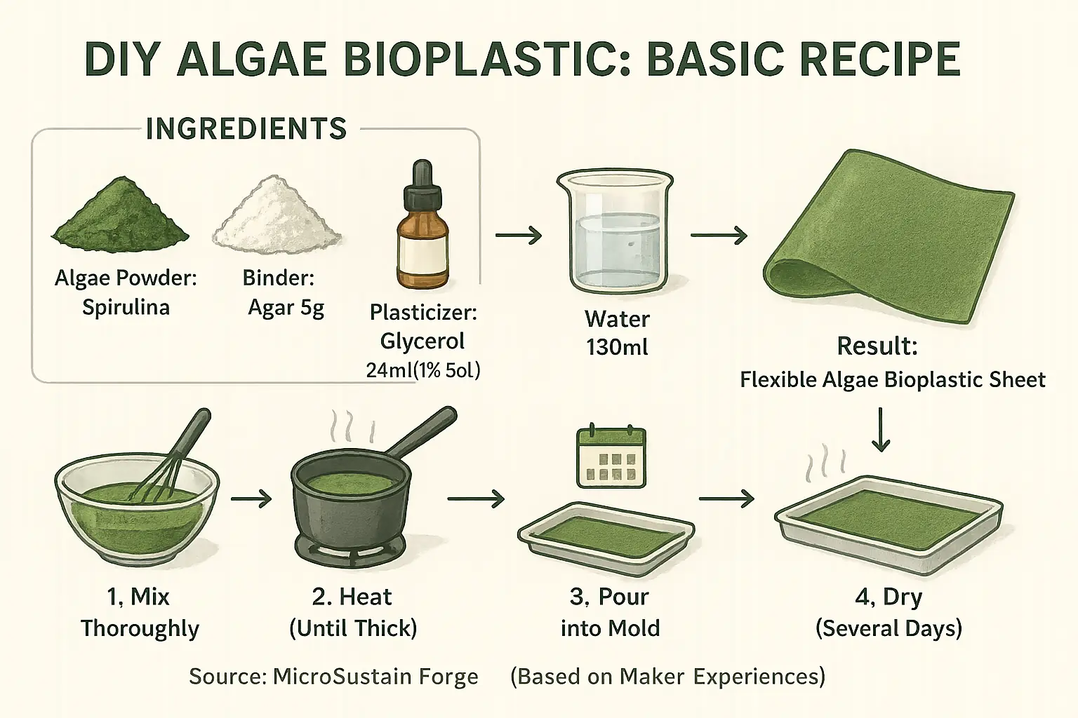 Infographic: DIY algae bioplastic recipe flowchart. Key steps: mix algae, binder, water; dry/mold. Shows resulting