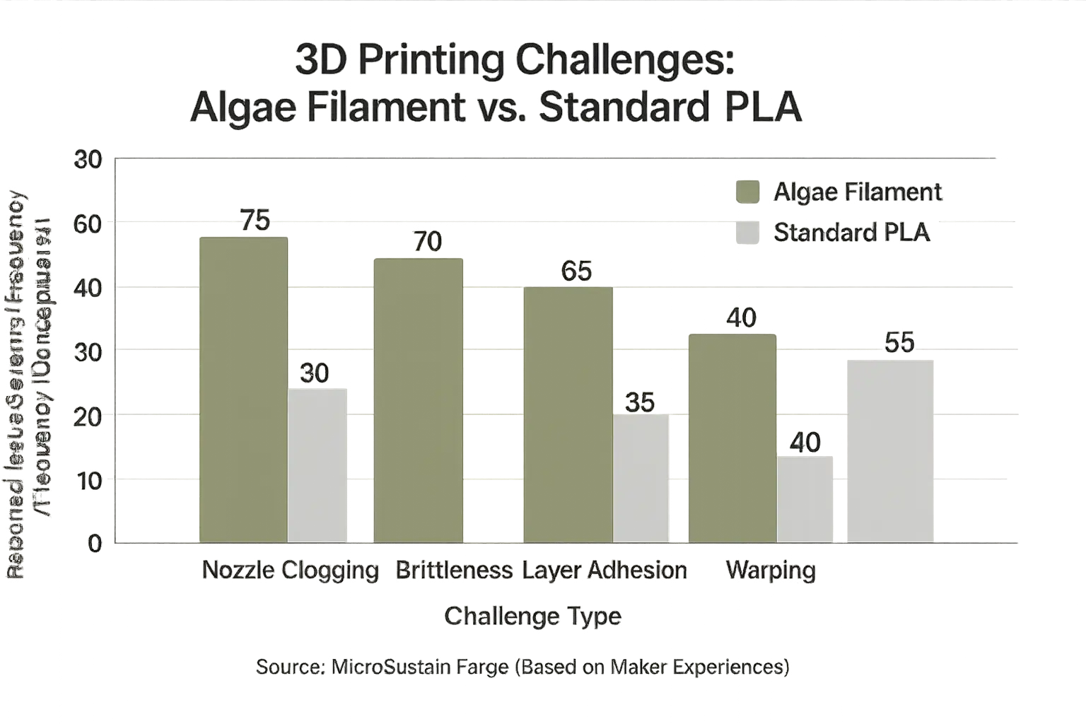 Bar chart comparing Algae Filament vs. PLA on conceptual 3D printing hurdles (clogging, warping) via user-reported