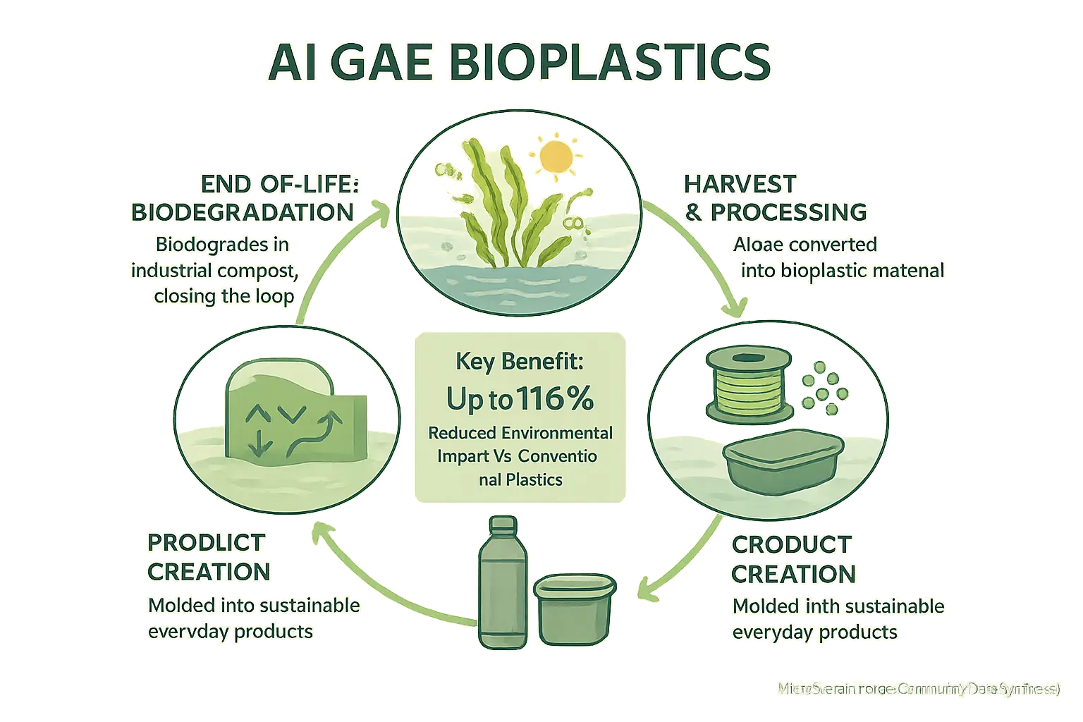 Infographic: Algae bioplastics' circular lifecycle—growth, processing, product, biodegradation—demonstrating sustainability