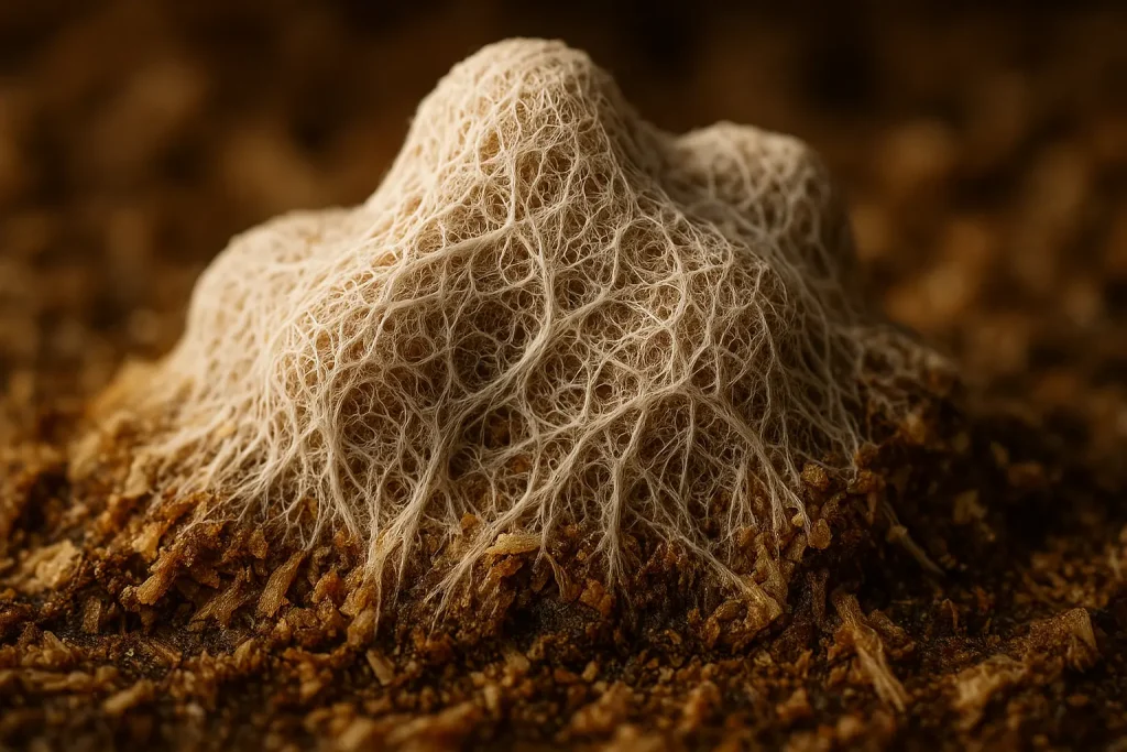 Earthy-toned mycelium threads intricately weaving into a solid, textured organic material.