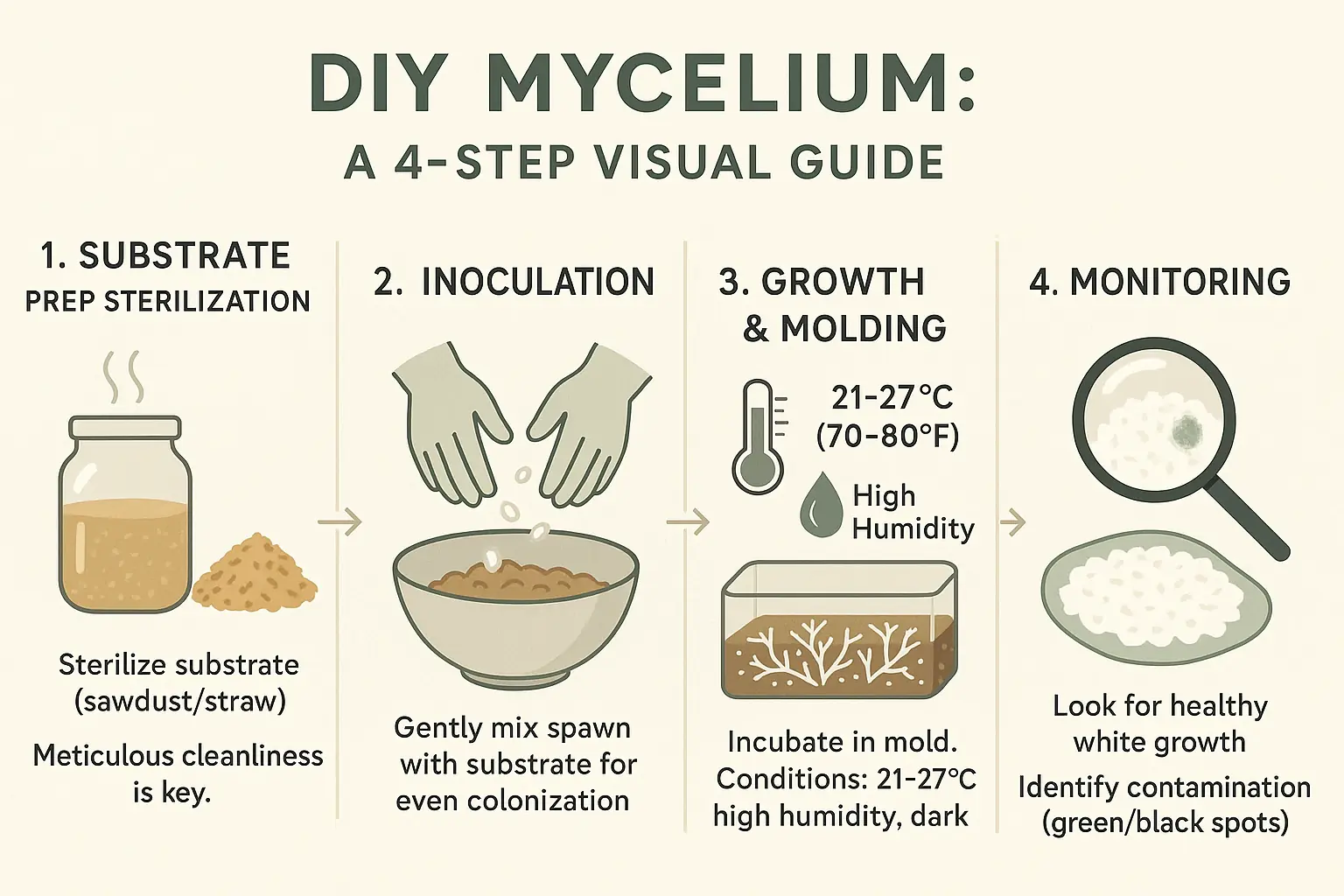 Step-by-step infographic with icons: DIY mycelium cultivation - substrate prep, inoculation, growth in mold, demolding.