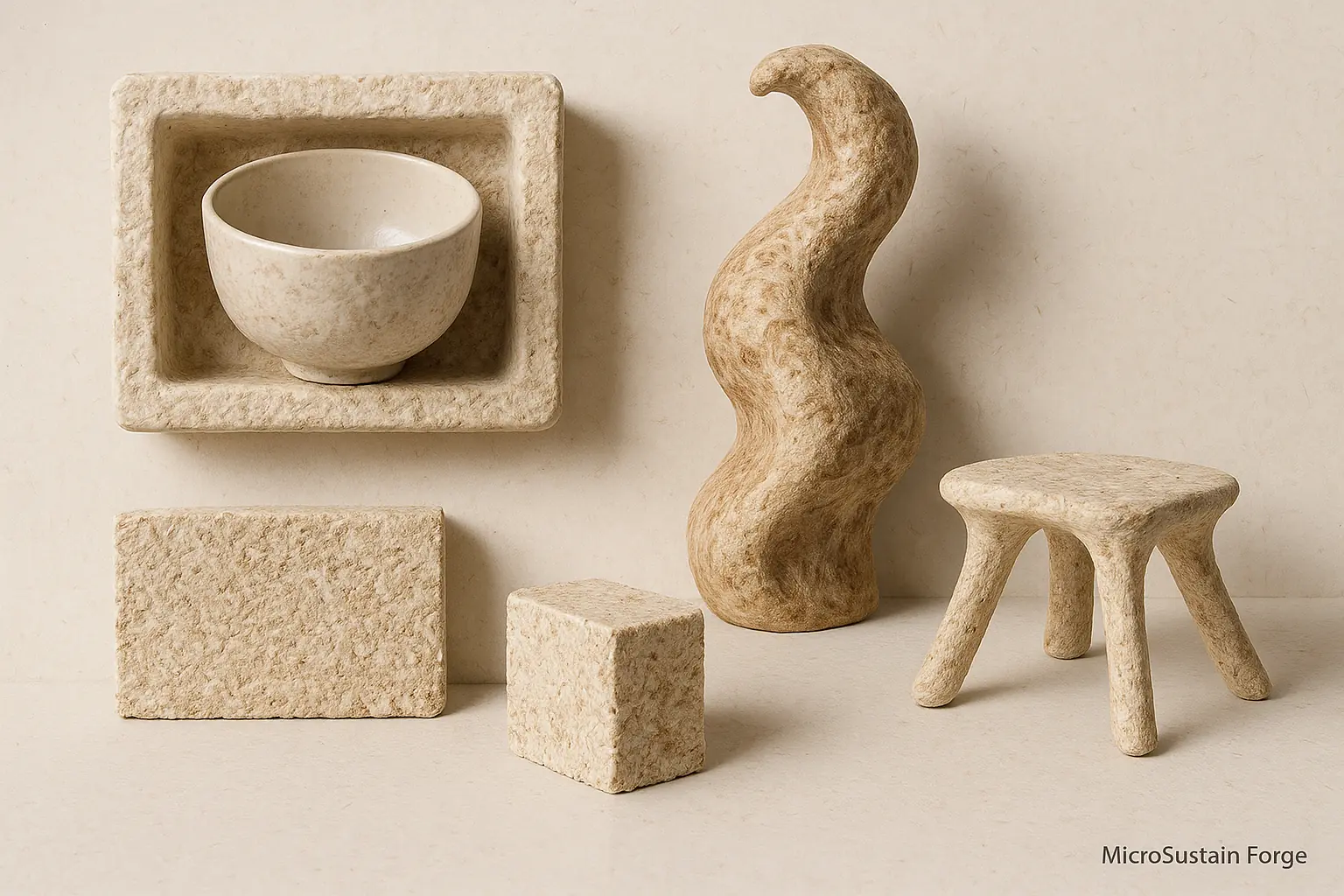 Mycelium innovations collage: packaging, art, insulation, furniture. Organic textures highlight sustainable crafting