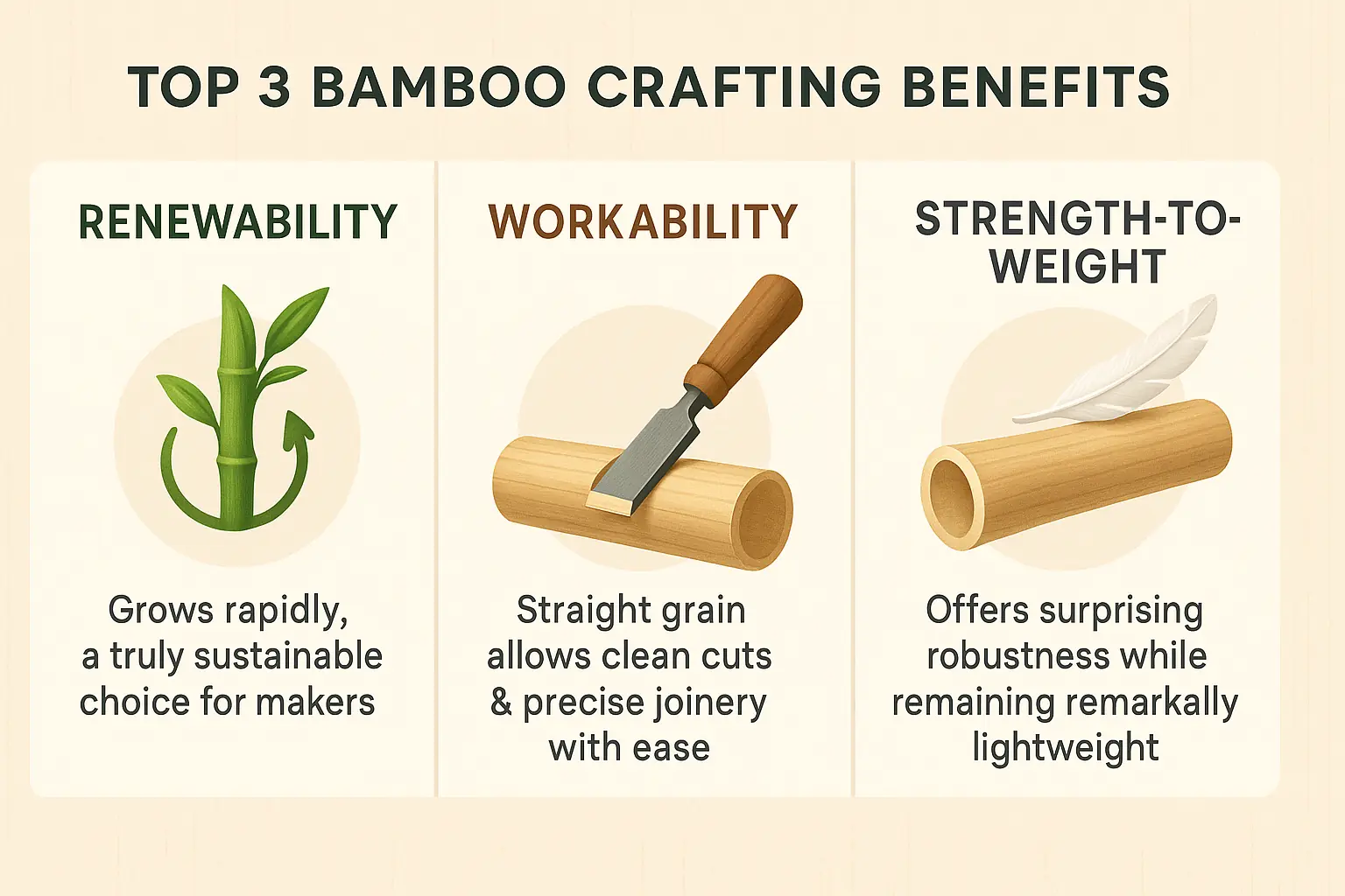 Infographic: Makers' top 3 reported bamboo benefits: Renewability, Workability, Strength-to-Weight, with icons.