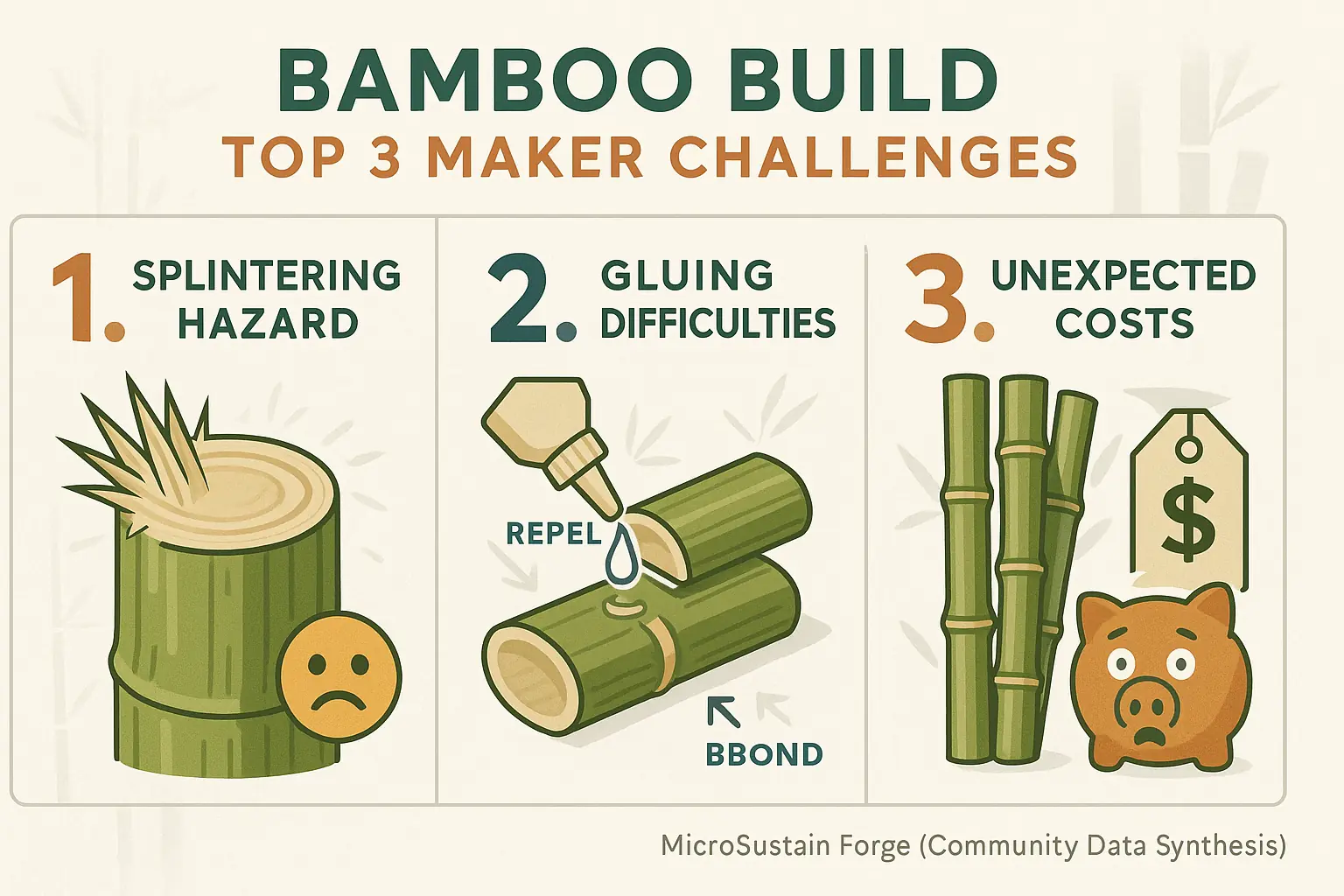Infographic: Top 3 user-reported bamboo frustrations - Splintering, Gluing Issues, Cost Surprise, each with an icon.