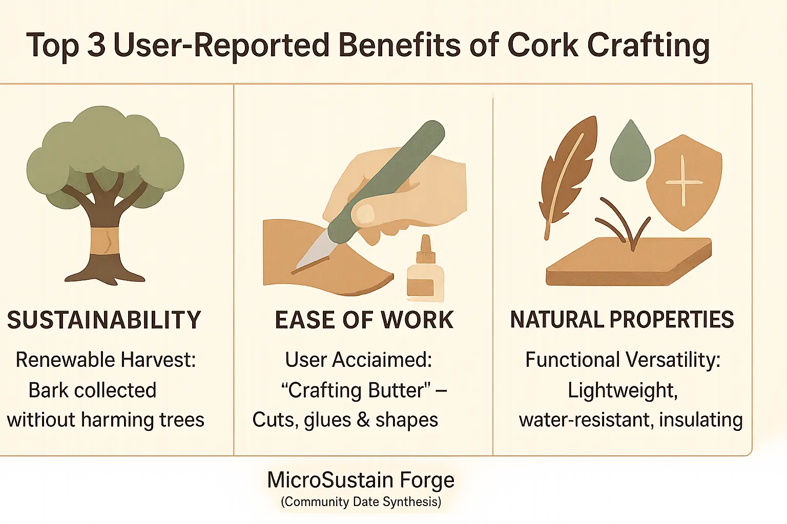 Infographic: Top 3 user-reported cork crafting benefits - Sustainability, Ease of Work, Natural Properties, with icons.