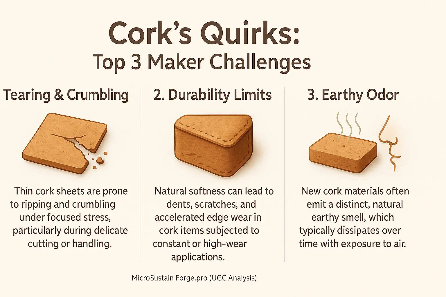 Infographic: Top 3 cork challenges makers report: Tearing/Crumbling, Durability Limits, Earthy Odor.