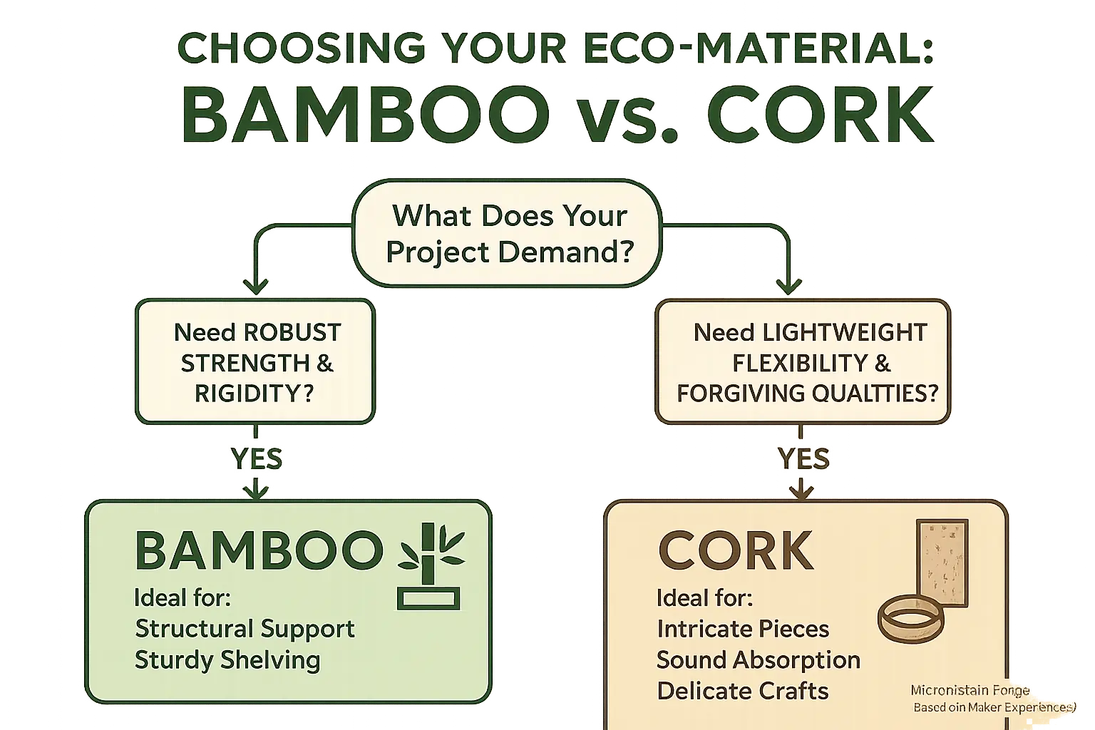 Decision tree flowchart: 'Need rigidity?' leads to bamboo; 'Need flexibility?' leads to cork.