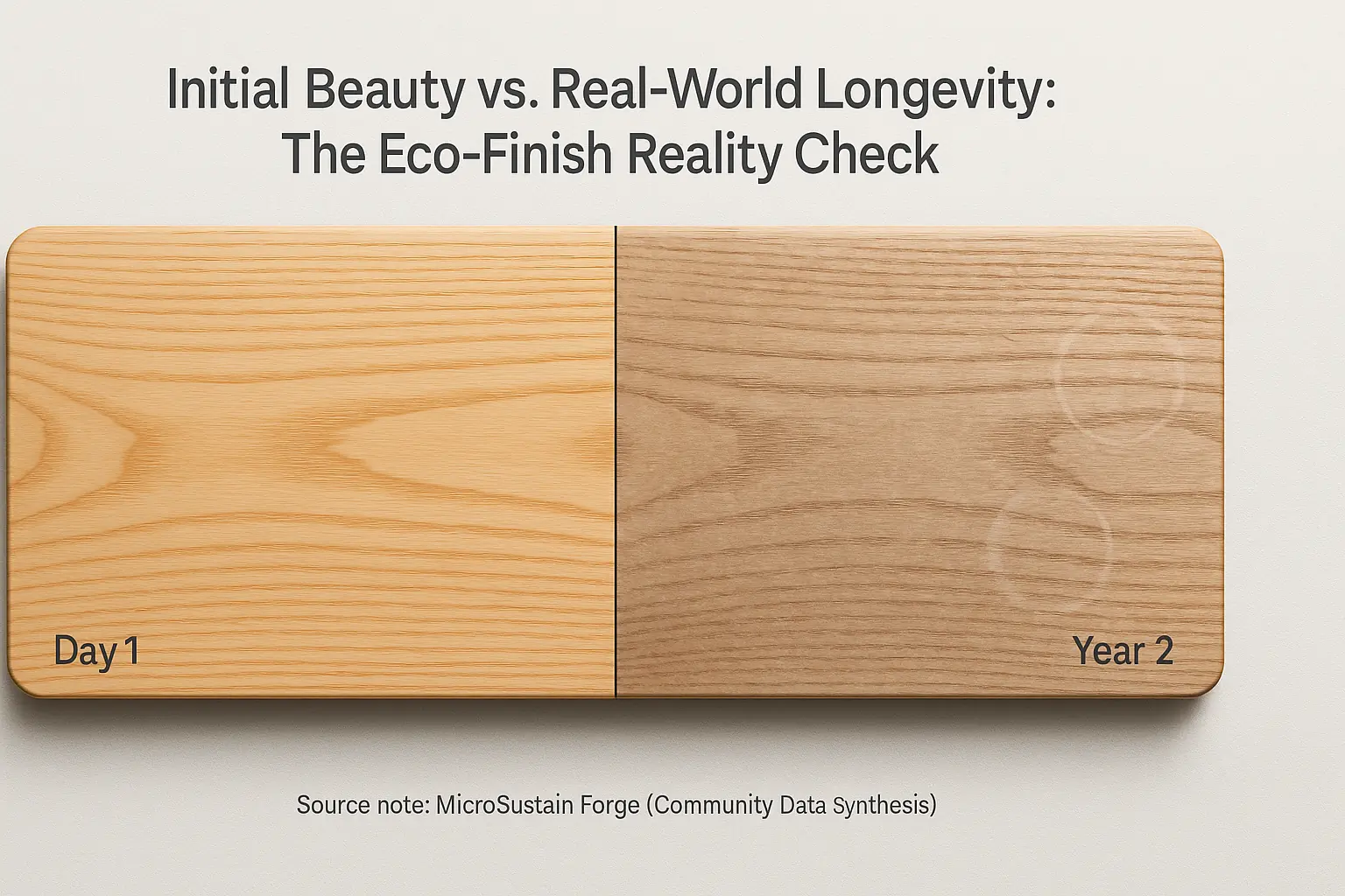 Eco-Finish wood: 'Day 1' pristine vs. 'Year 2' faded, scratched, dull—a reality check on its longevity & durability.