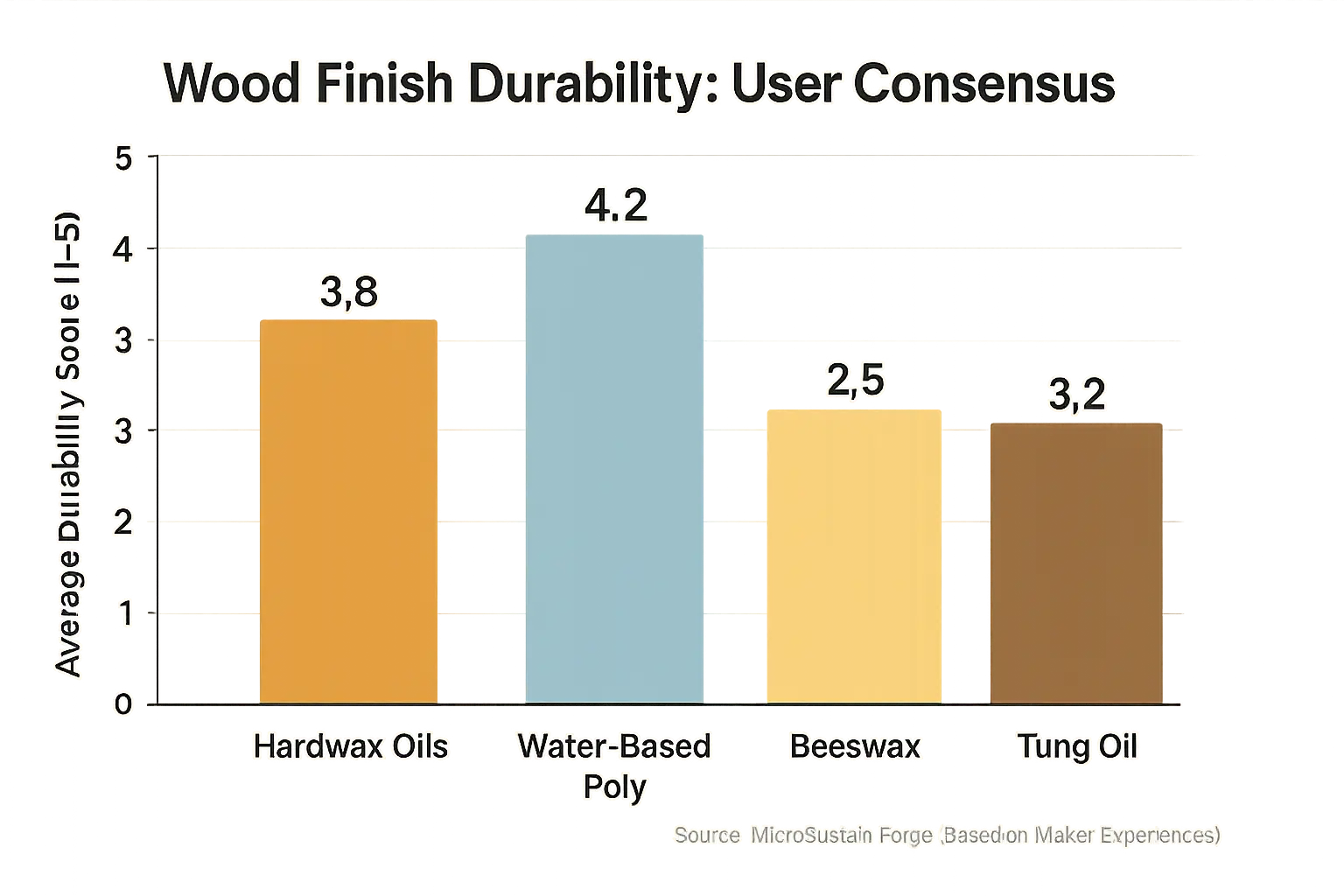 Bar chart: User durability ratings. Water-Based Poly slightly higher than Hardwax Oil for wear; Tung Oil, Beeswax lower.