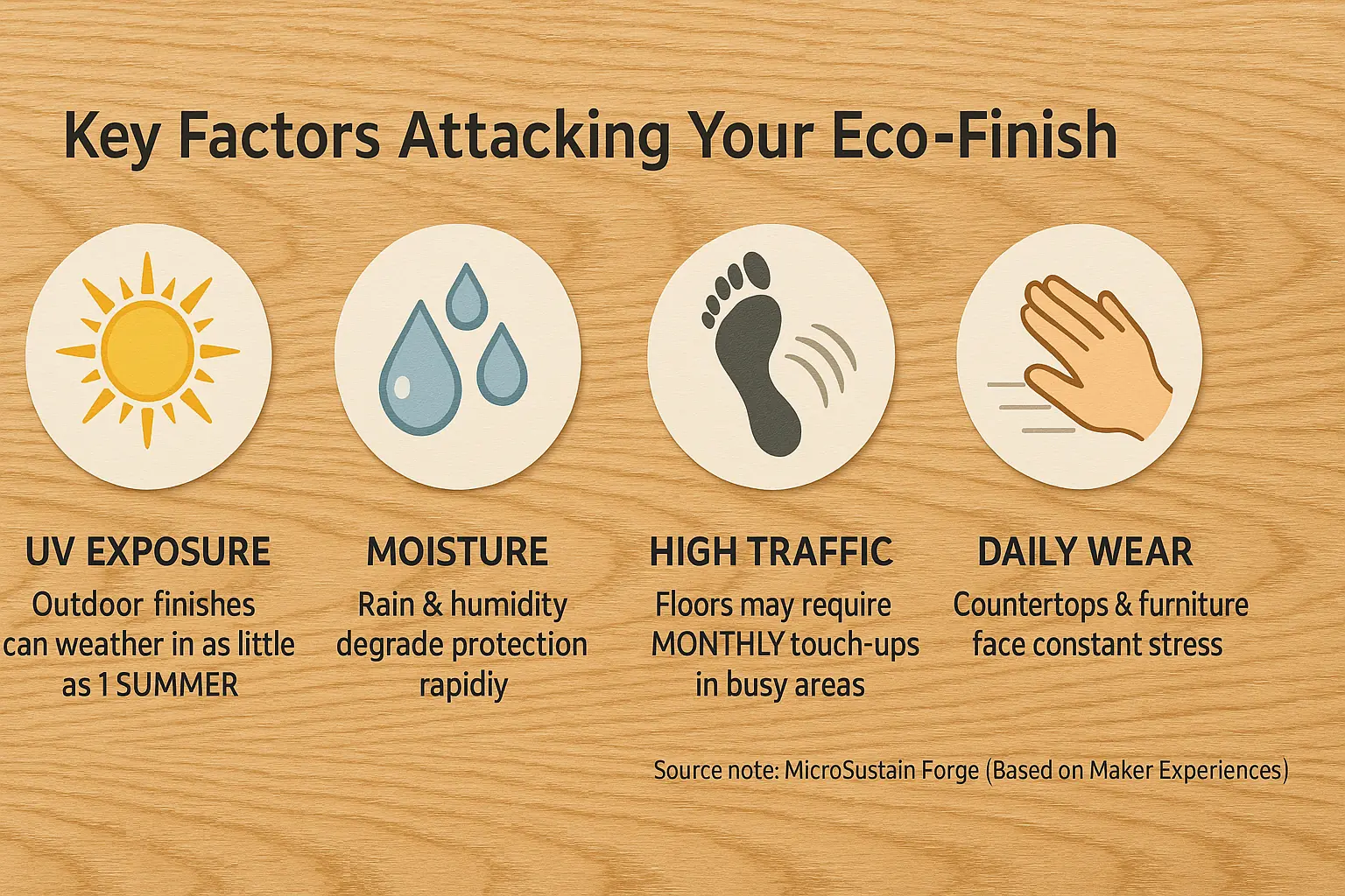 Infographic: Icons on wood (sun, water, foot, hand) represent key factors—UV, moisture, traffic, handling—attacking