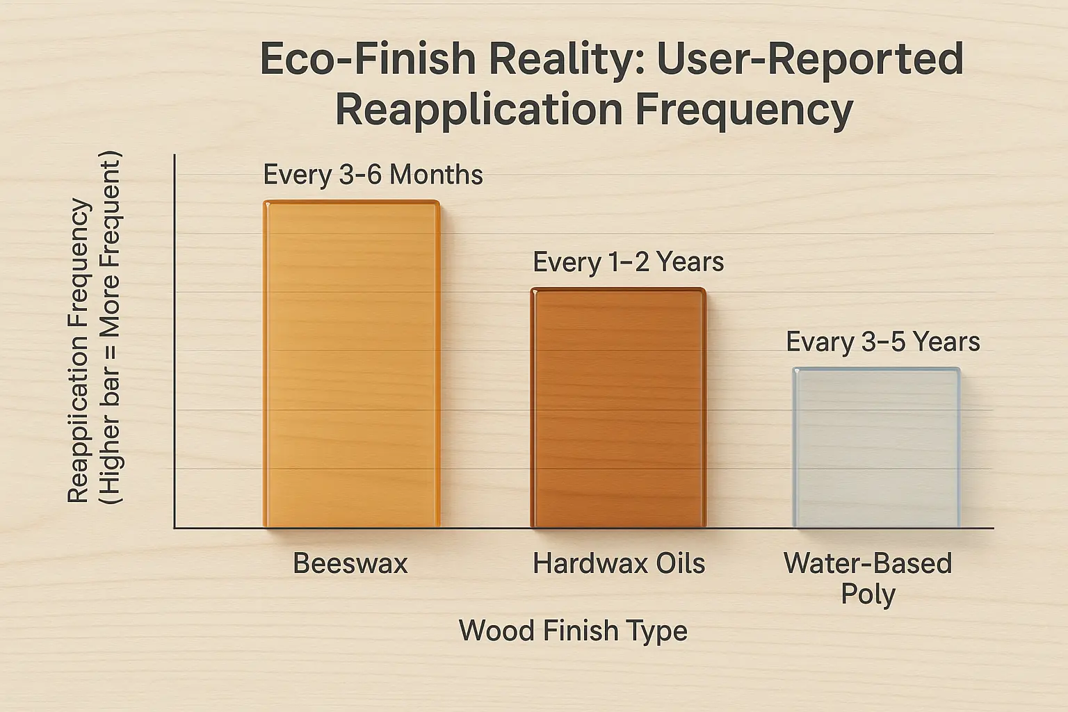 Bar chart: User-reported reapplication frequency. Beeswax: most frequent (~6 mo). Hardwax Oils: ~yearly. Poly: least (~2-3