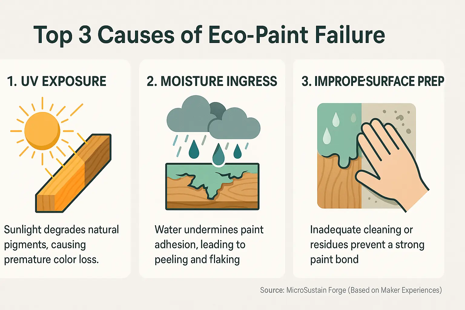 Infographic: UV exposure, moisture, & improper prep are top 3 user-reported causes of eco-paint fading/peeling, with icons.