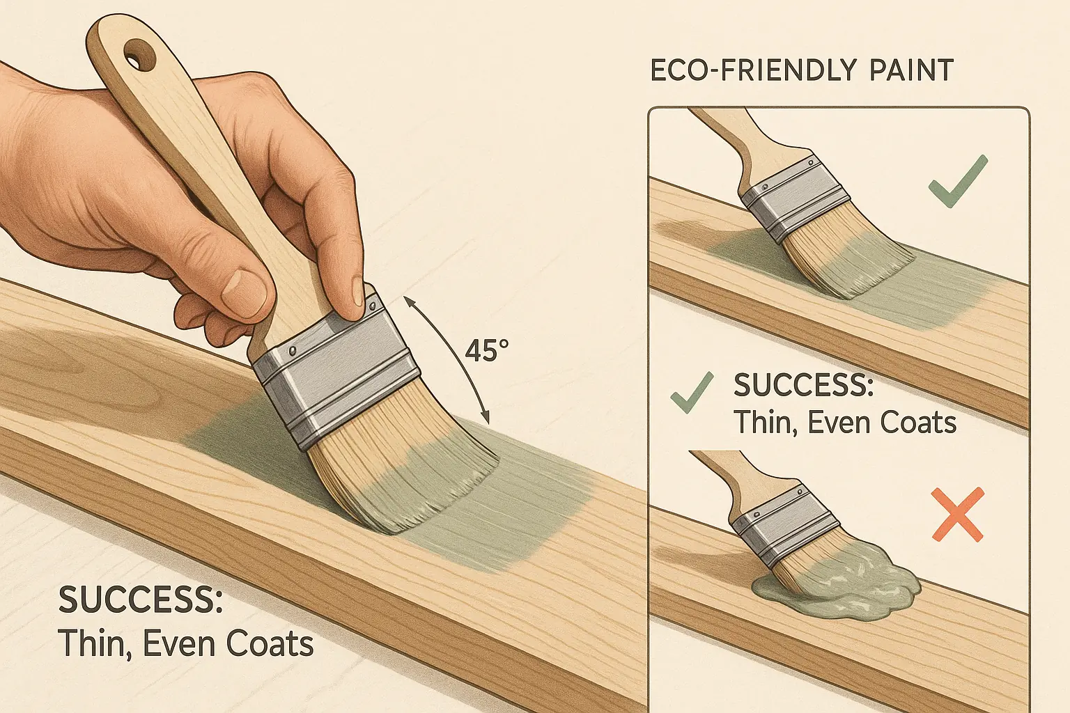 Brush applying eco-friendly wood paint to wood, using thin, even coats and correct angle for a lasting, professional finish.
