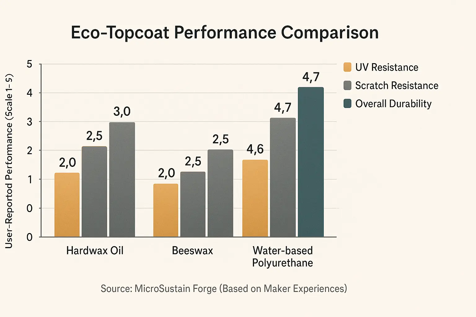 Bar chart aiding topcoat choice: Water-based poly excels UV/scratch, hardwax oil durability, beeswax less protective.
