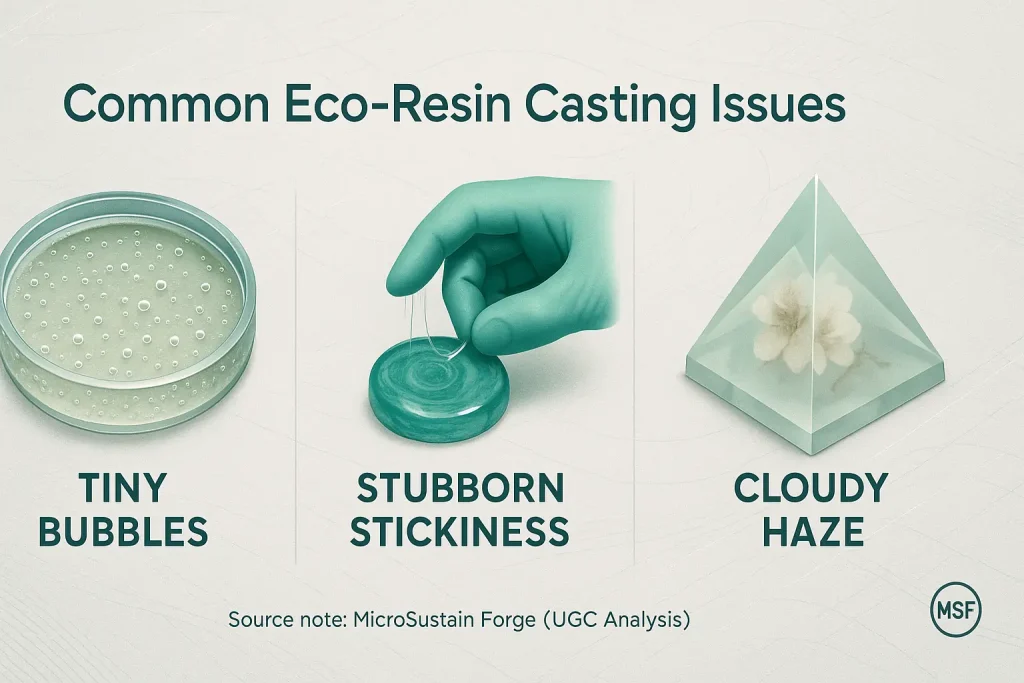 Infographic: Top 3 user-reported eco-resin frustrations—bubbles, stickiness, cloudiness—with icons & prevalence %.