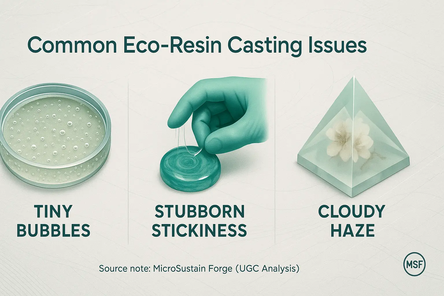 Infographic: Top 3 user-reported eco-resin frustrations—bubbles, stickiness, cloudiness—with icons & prevalence %.