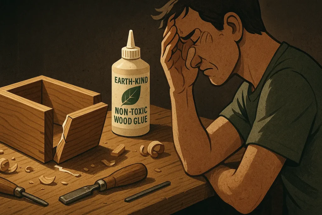 Frustrated maker inspects a snapped wooden joint, a 'non-toxic glue' bottle beside the failed bond.