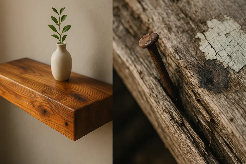 Rustic reclaimed wood furniture contrasted with a close-up of a hidden rusty nail, exposing dangers beneath its charm.