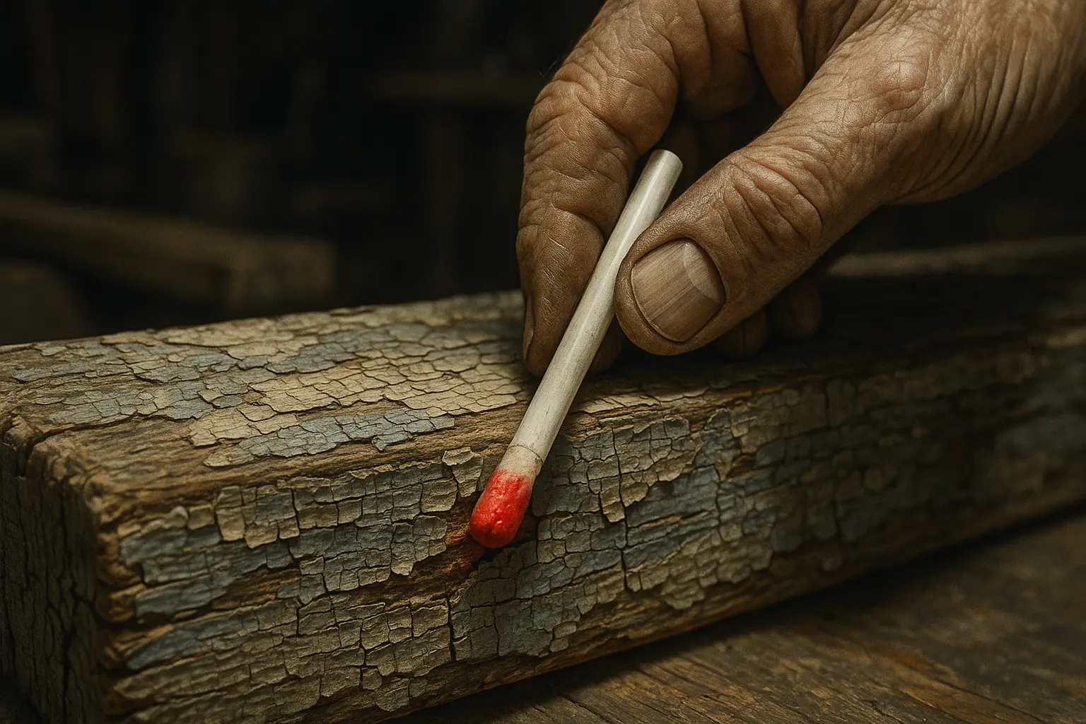Hand uses lead paint test kit on old, peeling reclaimed wood, showing positive result for hidden lead.