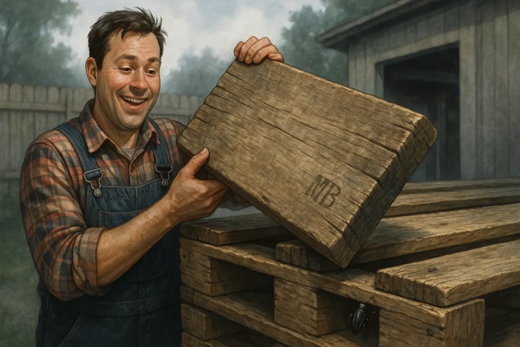 Cheerful person gathering pallet wood, unaware of subtle chemical and pest symbols indicating hidden dangers.