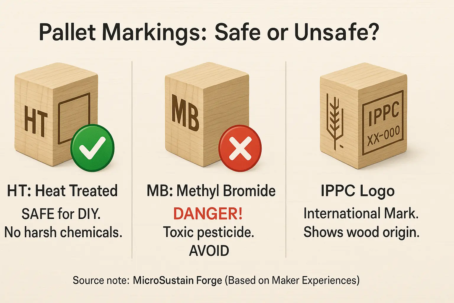 Minimalist infographic decoding pallet stamps: IPPC, HT (safe - green check), MB (unsafe - red X), concise explanations.