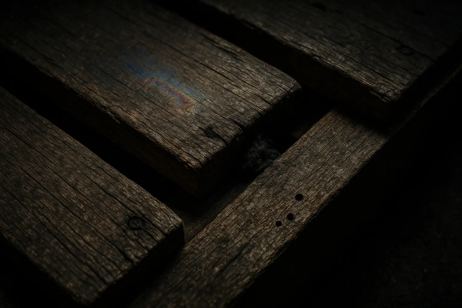 Contaminated pallet: subtle chemical stain, mold, insect hole, signifying hidden biological &amp; chemical wood dangers.