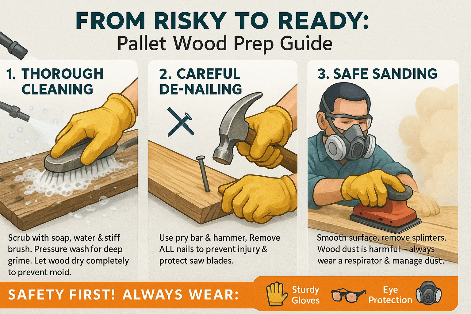 Infographic: Steps for safely preparing pallet wood: cleaning, de-nailing, sanding, with safety gear & icons.