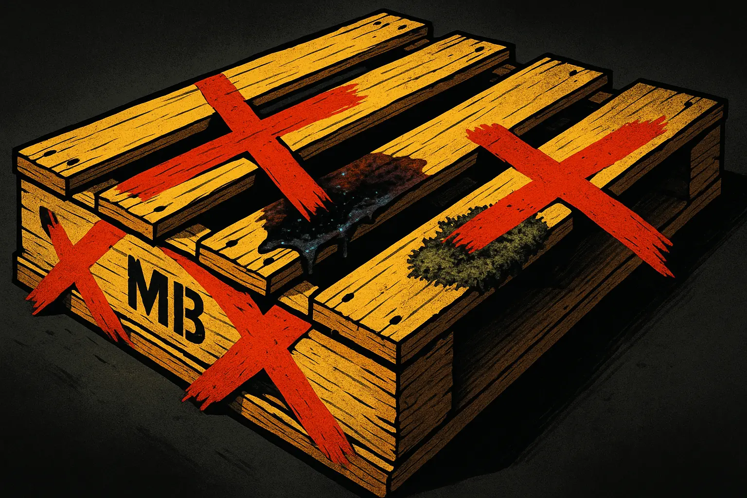 Pallet with X on MB stamp, chemical spill, mold: critical red flags signaling why this pallet must be avoided.