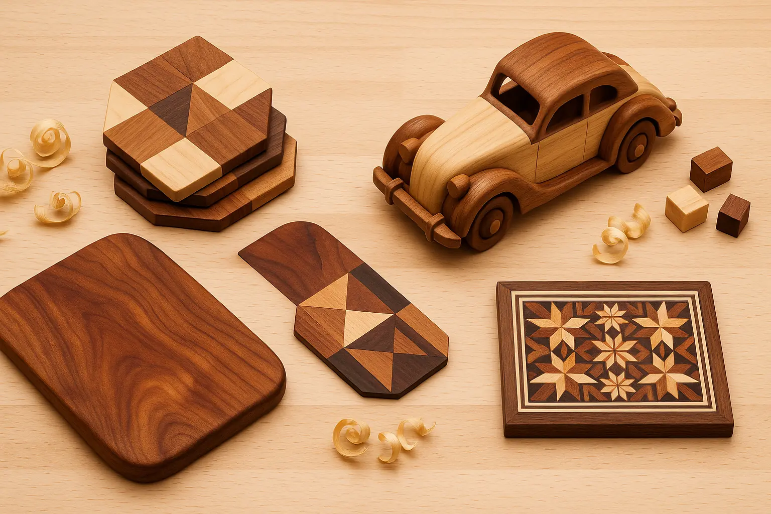 Collage of small items from wood offcuts—cutting board, coasters, toy car, inlay—showing their big potential.